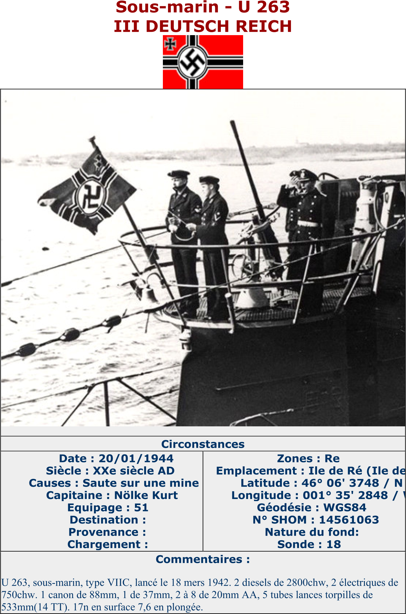 Sous - marin  - U 263 III DEUTSCH REICH   Circonstances   Date : 20/01/1944   Siècle : XXe siècle AD   Causes : Saute sur une mine   Capitaine : Nölke Kurt   Equipage : 51   Destination :   Provenance :   Chargement :   Zones : Re   Emplacement : Ile de Ré (Ile de Ré)   Latitude : 46° 06' 3748 / N   Longitude : 001° 35' 2848 / W   Géodésie : WGS84   N° SHOM : 14561063   Nature du fond:   Sonde : 18   Commentaires :   U 263, sous - marin, type VIIC, lancé le 18 mers 1942. 2 diesels de 2800chw, 2 électriques de  750chw. 1 canon de 88mm, 1 de 37mm, 2 à 8 de 20mm AA, 5 tubes lances torpilles de  533mm(14 TT). 17n en surface 7,6 en plongée.