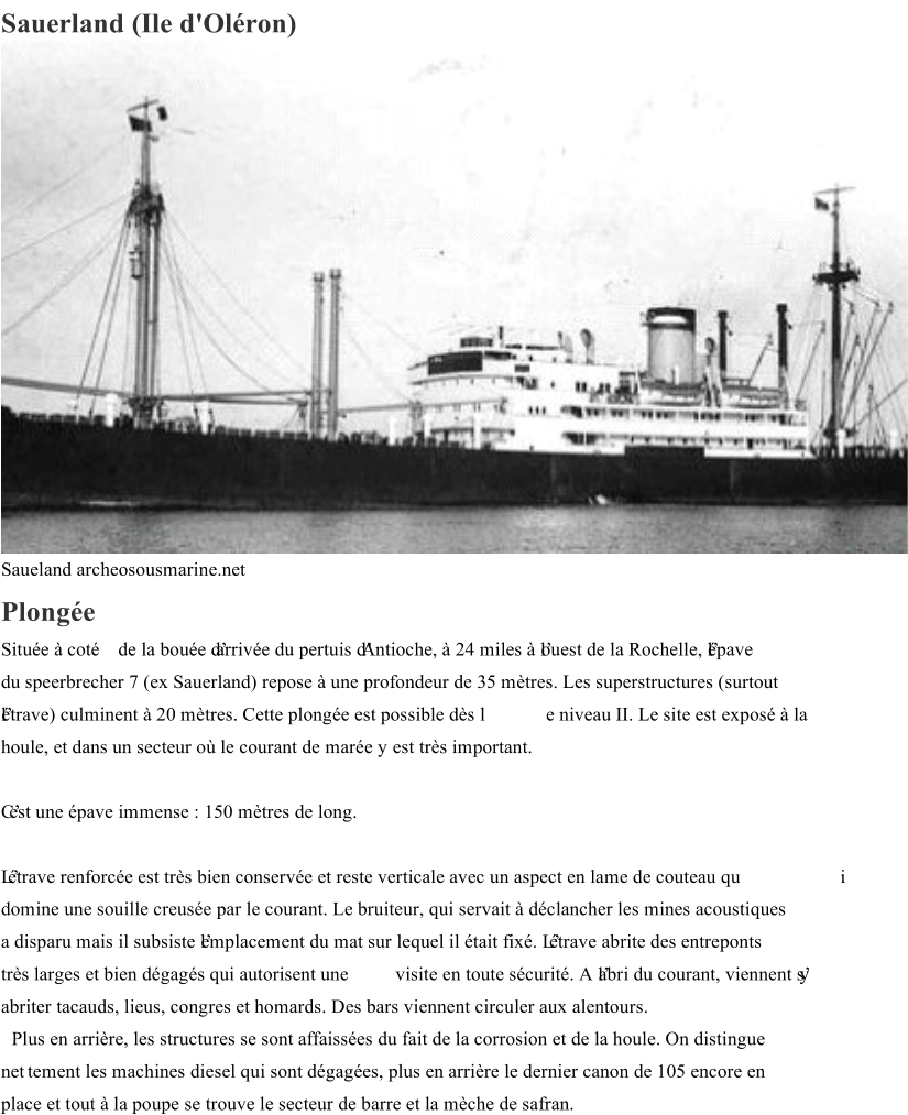 Sauerland (Ile d'Oléron) Saueland archeosousmarine.net Plongée Située à coté de la bouée d’arrivée du pertuis d’Antioche, à 24 miles à l’ouest de la Rochelle, l’épave  du speerbrecher 7 (ex Sauerland) repose à une profondeur de 35 mètres. Les superstructures (surtout  l’étrave) culminent à 20 mètres. Cette plongée est possible dès l e niveau II. Le site est exposé à la  houle, et dans un secteur où le courant de marée y est très important. C’est une épave immense : 150 mètres de long. L’étrave renforcée est très bien conservée et reste verticale avec un aspect en lame de couteau qu i  domine une souille creusée par le courant. Le bruiteur, qui servait à déclancher les mines acoustiques  a disparu mais il subsiste l’emplacement du mat sur lequel il était fixé. L’étrave abrite des entreponts  très larges et bien dégagés qui autorisent une visite en toute sécurité. A l’abri du courant, viennent s’y  abriter tacauds, lieus, congres et homards. Des bars viennent circuler aux alentours. Plus en arrière, les structures se sont affaissées du fait de la corrosion et de la houle. On distingue  net tement les machines diesel qui sont dégagées, plus en arrière le dernier canon de 105 encore en  place et tout à la poupe se trouve le secteur de barre et la mèche de safran.